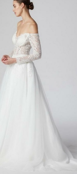 New long off the shoulder tulle, embroidered, lace, sequins, wedding dress, gown - Picture 7 of 8